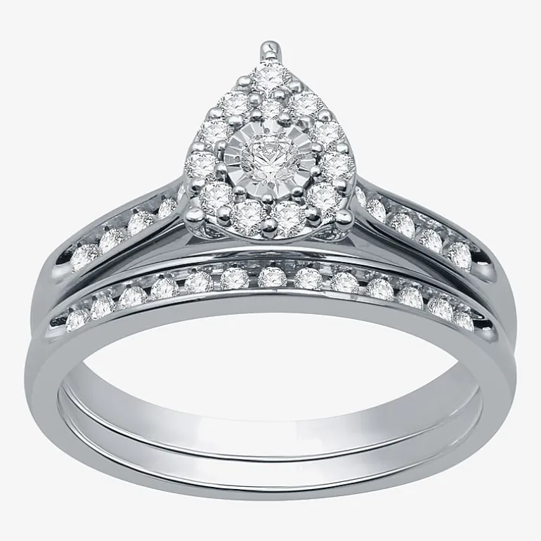 I Said Yes (H-I / I1) Womens 3/8 CT. T.W. Lab Grown White Diamond Sterling Silver Pear Side Stone Halo Bridal Set