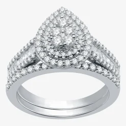 I Said Yes (H-I / I1) Womens 1 CT. T.W. Lab Grown White Diamond Sterling Silver or 14K Gold Over Silver Pear Side Stone Halo Bridal Set