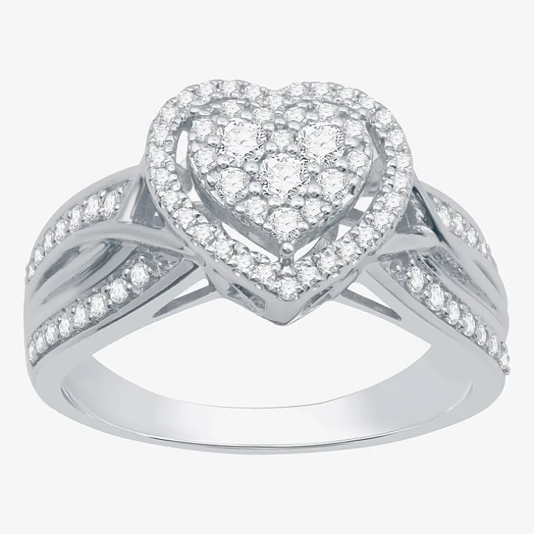 I Said Yes (H-I / I1) Womens 1/2 CT. T.W. Lab Grown White Diamond Sterling Silver Heart Side Stone Halo Engagement Ring