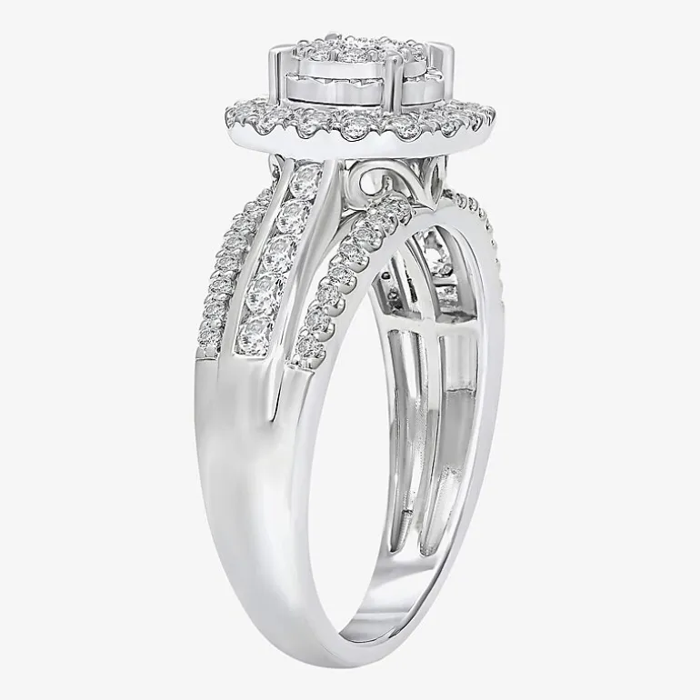 (I / SI2) Womens 1 CT. T.W. Lab Grown White Diamond 10K or 14K White Gold Cushion Side Stone Halo Engagement Ring