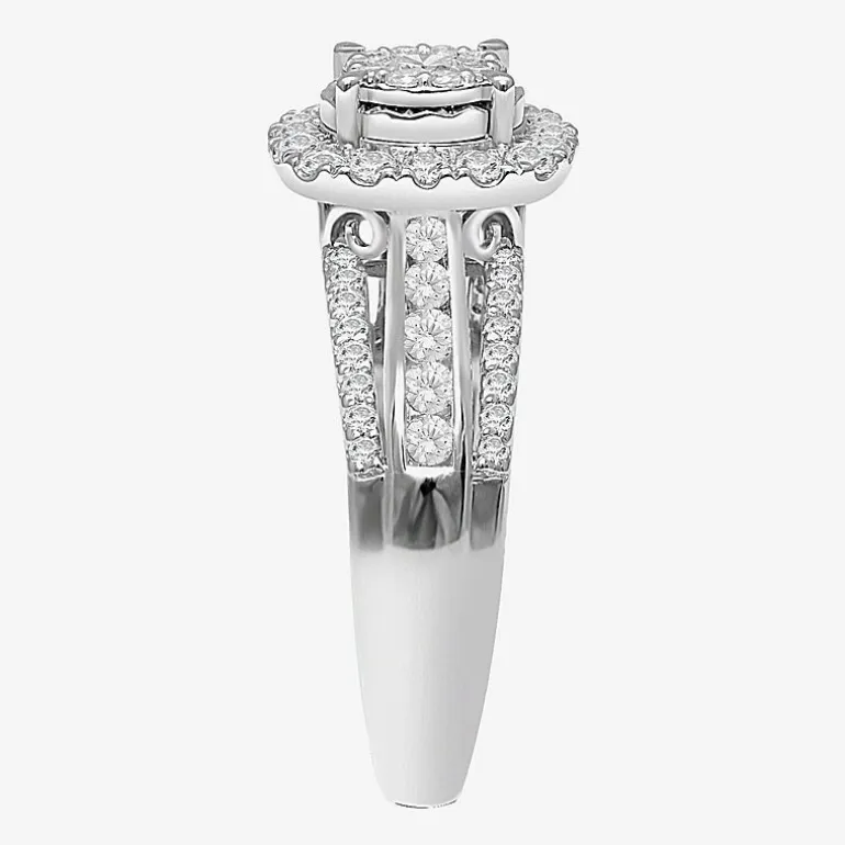 (I / SI2) Womens 1 CT. T.W. Lab Grown White Diamond 10K or 14K White Gold Cushion Side Stone Halo Engagement Ring