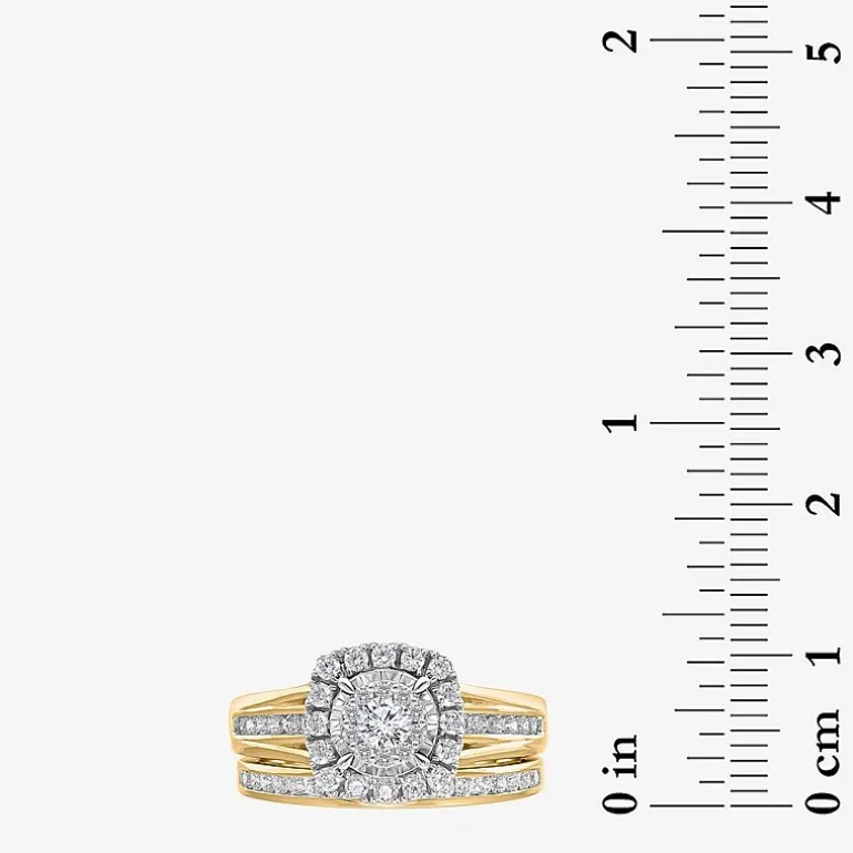 (I / SI2) Womens 1 CT. T.W. Lab Grown White Diamond 10K or 14K Gold Cushion Side Stone Halo Bridal Set