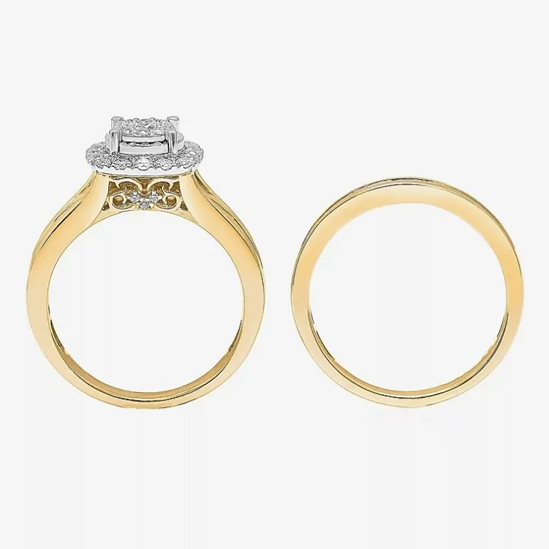 (I / SI2) Womens 1 CT. T.W. Lab Grown White Diamond 10K or 14K Gold Cushion Side Stone Halo Bridal Set