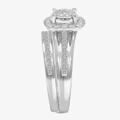 (I / SI2) Womens 1 CT. T.W. Lab Grown White Diamond 10K or 14K Gold Cushion Side Stone Halo Bridal Set