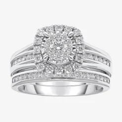 (I / SI2) Womens 1 CT. T.W. Lab Grown White Diamond 10K or 14K Gold Cushion Side Stone Halo Bridal Set