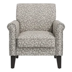 Jean Traditional Rolled Arm Accent Chair with Pewter Nailheads in Curly Vine Pattern