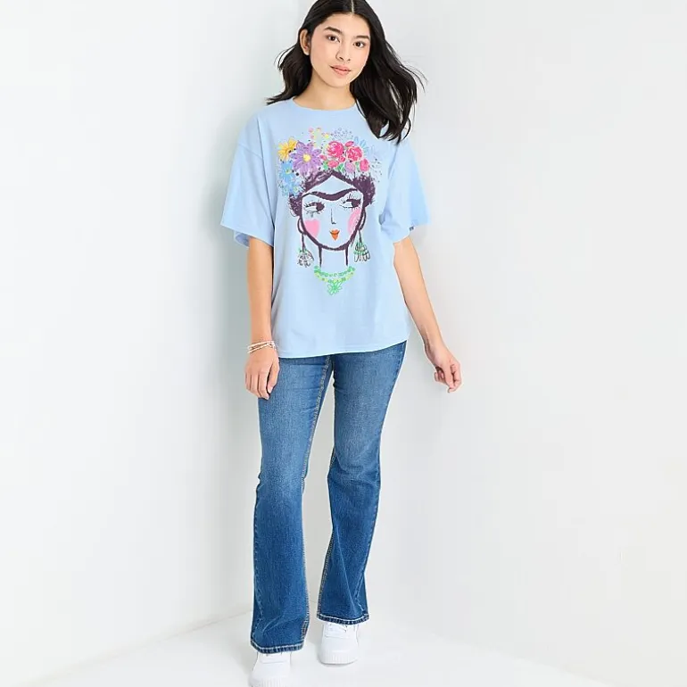 Jerry Leigh Frida Womens Juniors Crew Neck Short Sleeve Oversized Graphic T-Shirt