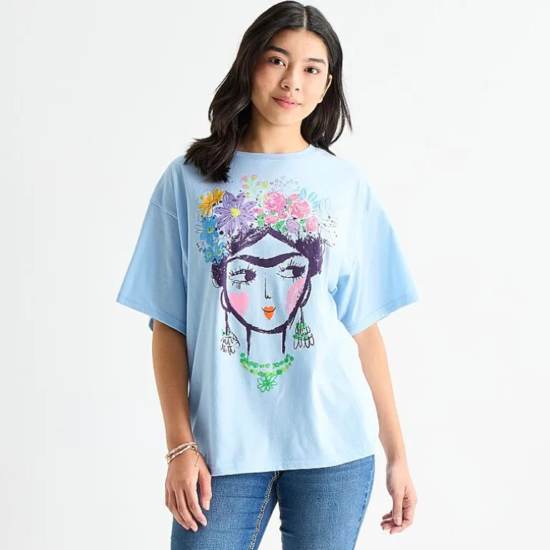 Jerry Leigh Frida Womens Juniors Crew Neck Short Sleeve Oversized Graphic T-Shirt