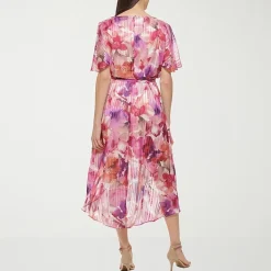 Jessica Howard Womens Petite High-Low Boat Neck Short Sleeve Flutter Floral Fit + Flare Dress