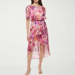 Jessica Howard Womens Petite High-Low Boat Neck Short Sleeve Flutter Floral Fit + Flare Dress