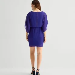 Jessica Howard Womens Petite Boat Neck 3/4 Sleeve Flutter Fit + Flare Dress
