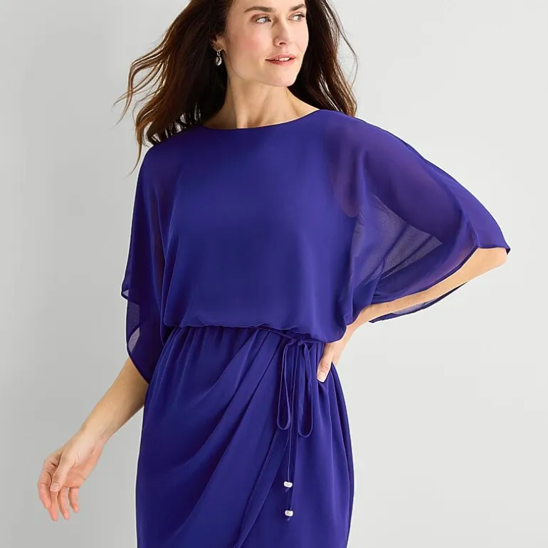 Jessica Howard Womens Petite Boat Neck 3/4 Sleeve Flutter Fit + Flare Dress