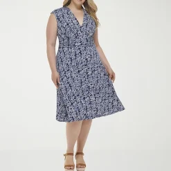 Jessica Howard Womens Plus Midi V Neck Sleeveless Floral Fit + Flare Dress