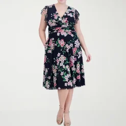 Jessica Howard Womens Plus Midi V Neck Short Sleeve Flutter Floral Fit + Flare Dress