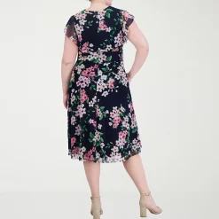 Jessica Howard Womens Plus Midi V Neck Short Sleeve Flutter Floral Fit + Flare Dress