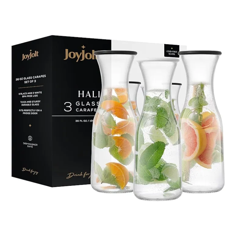 Joyjolt Hali Glass Bottle Pitcher With 6 Lids - 35 Oz - Set Of 3 Water Carafe