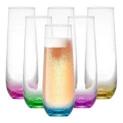 Joyjolt Hue Colored Stemless Glass - 9.4 Oz - Set Of 6 Champagne Flutes