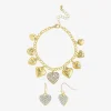 JS Jessica Simpson Gold Tone Charm Bracelet & Drop Earring Womens Crystal Heart 3-pc. Jewelry Set