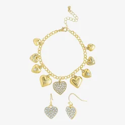 JS Jessica Simpson Gold Tone Charm Bracelet & Drop Earring Womens Crystal Heart 3-pc. Jewelry Set