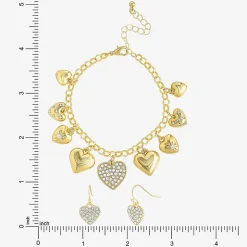 JS Jessica Simpson Gold Tone Charm Bracelet & Drop Earring Womens Crystal Heart 3-pc. Jewelry Set