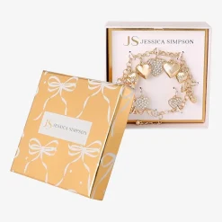 JS Jessica Simpson Gold Tone Charm Bracelet & Drop Earring Womens Crystal Heart 3-pc. Jewelry Set