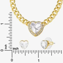 JS Jessica Simpson Gold Tone Collar Necklace  & Stud Earring Womens Glass Heart 3-pc. Jewelry Set
