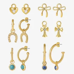 JS Jessica Simpson Gold Tone Interchangeable Charm Womens Multi Color Glass Bow Cross 3 Pair Earring Set