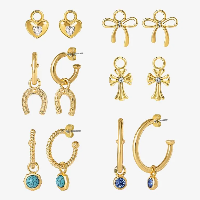 JS Jessica Simpson Gold Tone Interchangeable Charm Womens Multi Color Glass Bow Cross 3 Pair Earring Set