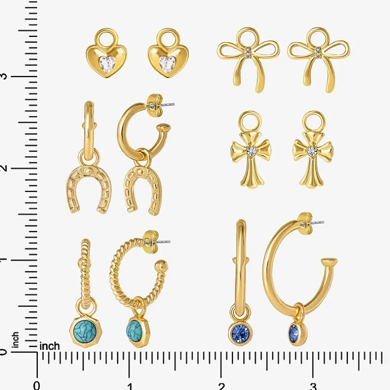 JS Jessica Simpson Gold Tone Interchangeable Charm Womens Multi Color Glass Bow Cross 3 Pair Earring Set