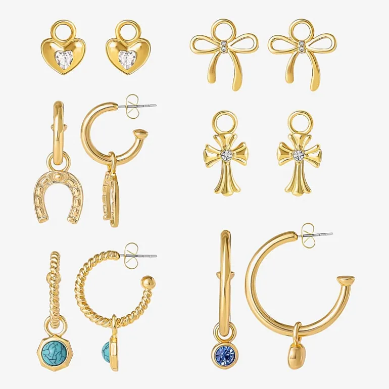 JS Jessica Simpson Gold Tone Interchangeable Charm Womens Multi Color Glass Bow Cross 3 Pair Earring Set
