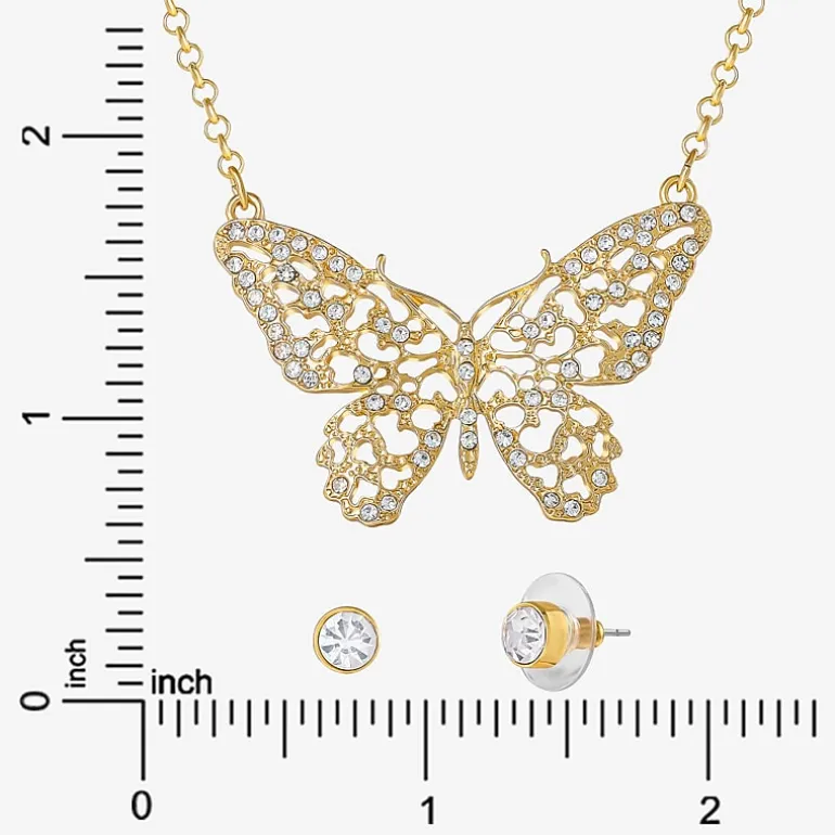 JS Jessica Simpson Gold Tone Pendant Necklace & Stud Earring Womens Crystal Butterfly 3-pc. Jewelry Set