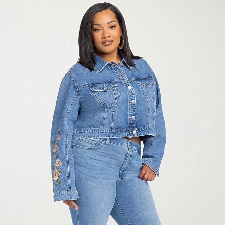 JS Jessica Simpson Womens Plus Denim Embroidered Midweight Jacket