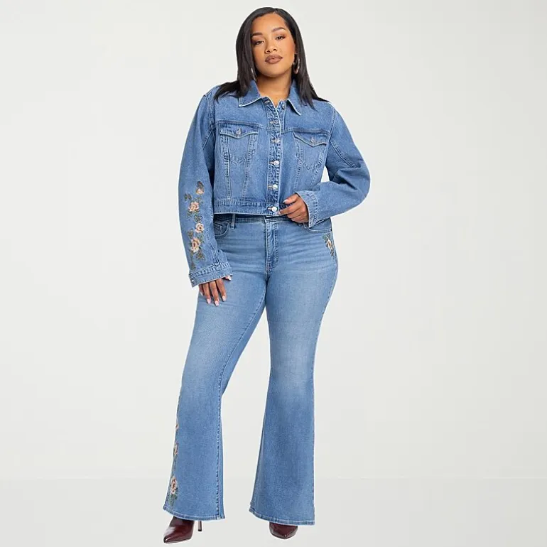 JS Jessica Simpson Womens Plus Denim Embroidered Midweight Jacket