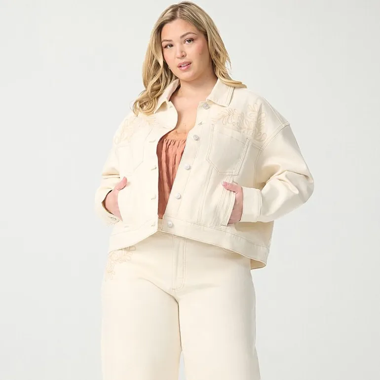 JS Jessica Simpson Womens Plus Denim Embroidered Lightweight Jacket