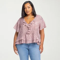 JS Jessica Simpson Womens Plus Split Tie Neck Short Sleeve Blouse