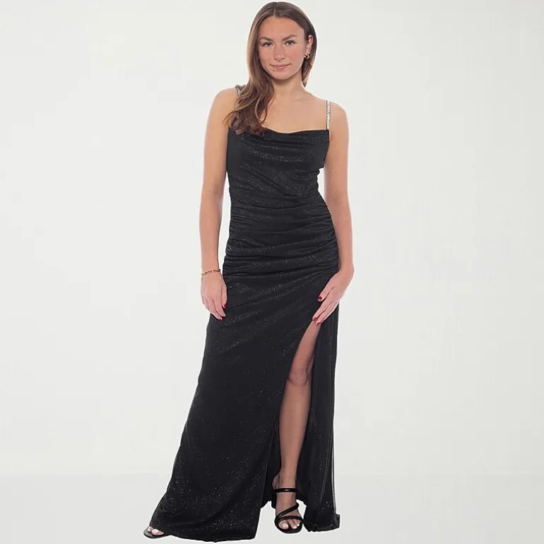 Jump Apparel Womens Juniors Draped Neck Sleeveless Glitter Bodycon Dress