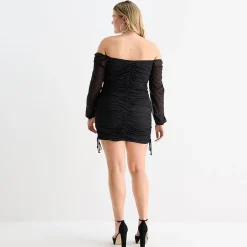Jump Apparel Womens Juniors Plus Straight Neck Long Sleeve Off the Shoulder Glitter Bodycon Dress