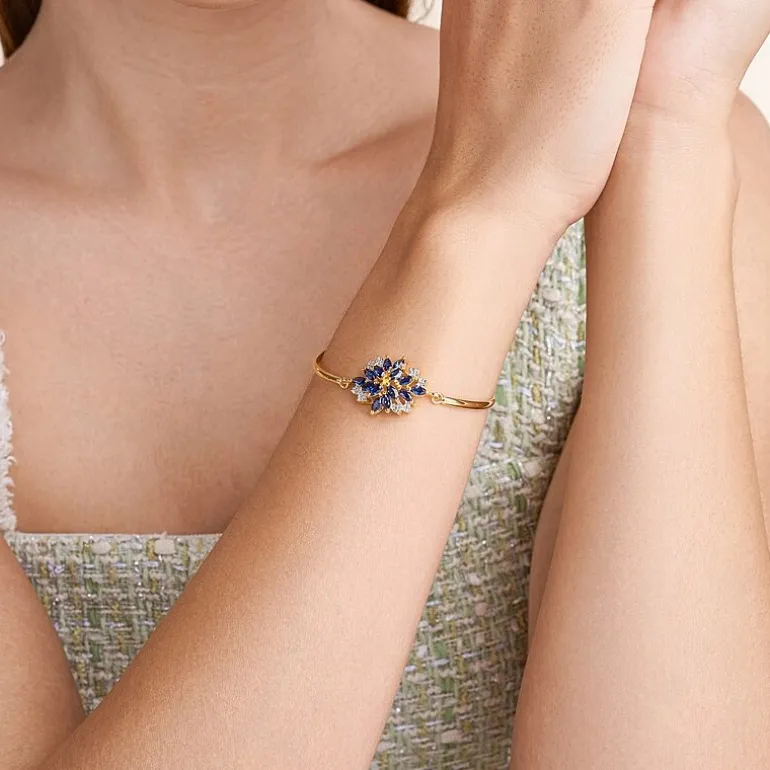 14K Gold over Silver Gemstone Flower Bangle Bracelet