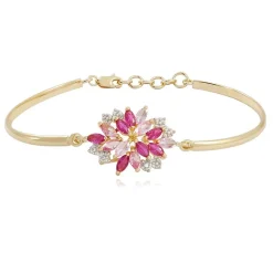 14K Gold over Silver Gemstone Flower Bangle Bracelet