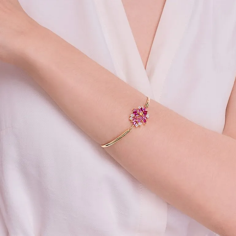 14K Gold over Silver Gemstone Flower Bangle Bracelet