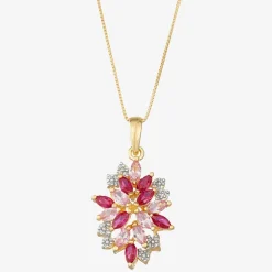 14K Gold over Silver Lab-Created Gemstone Flower Pendant Necklace