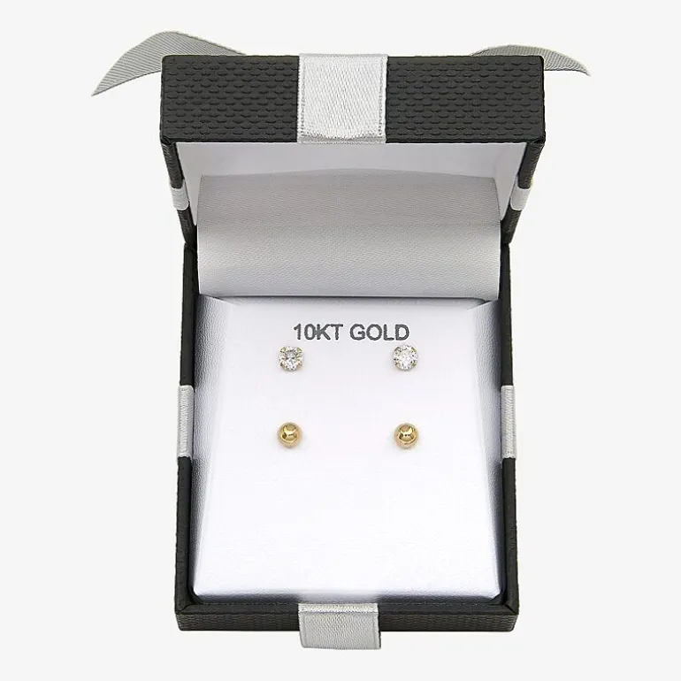10K Yellow Gold Ball & Cubic Zirconia Stud Earring Set