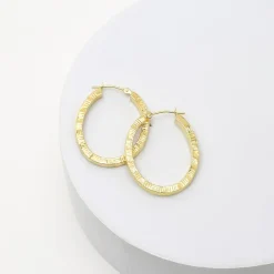 14K Yellow Gold Diamond-Cut Oval Hoop Earrings