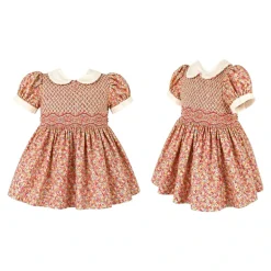 Laurenza's Baby Girls Pink Floral Smocked Dress with Embroidery