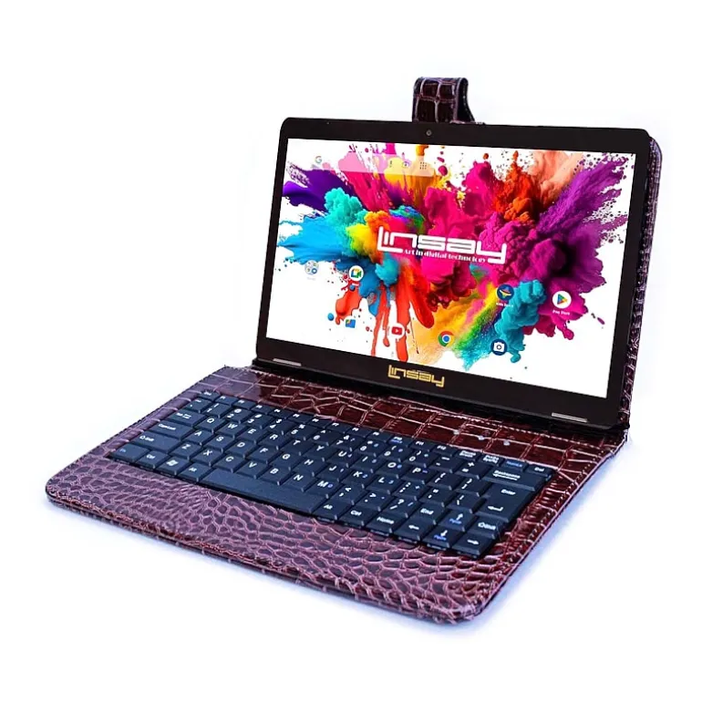 LINSAY® 10.1 Octa Core 128Gb Android 15 Tablet Brown Croc Keyboard