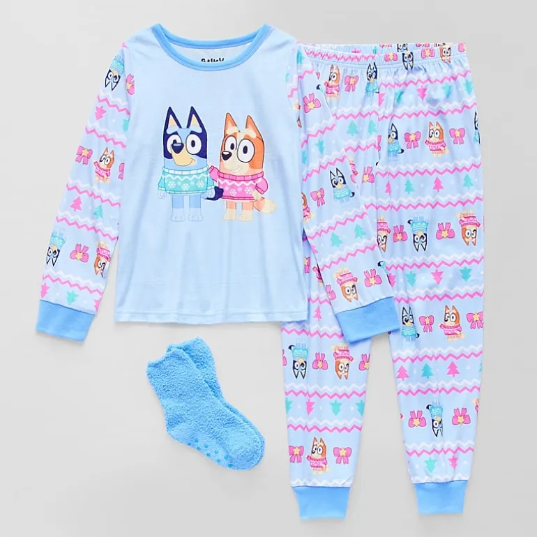 Little & Big Kid Girls Bluey Velour Crew Neck Long Sleeve 3-pc. Pajama Set