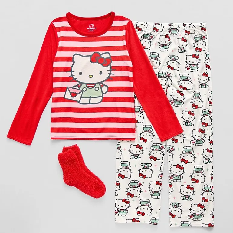 Little & Big Kid Girls Hello Kitty Fleece Crew Neck Long Sleeve 3-pc. Pajama Set