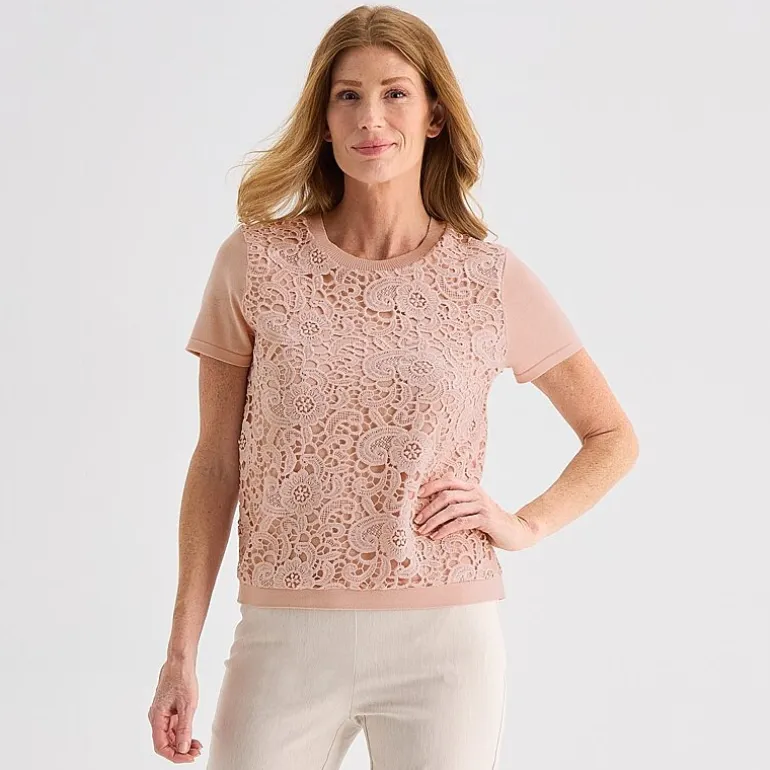 Liz Claiborne Lace Womens Crew Neck Short Sleeve Pullover Sweater