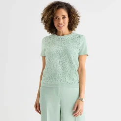 Liz Claiborne Lace Womens Crew Neck Short Sleeve Pullover Sweater