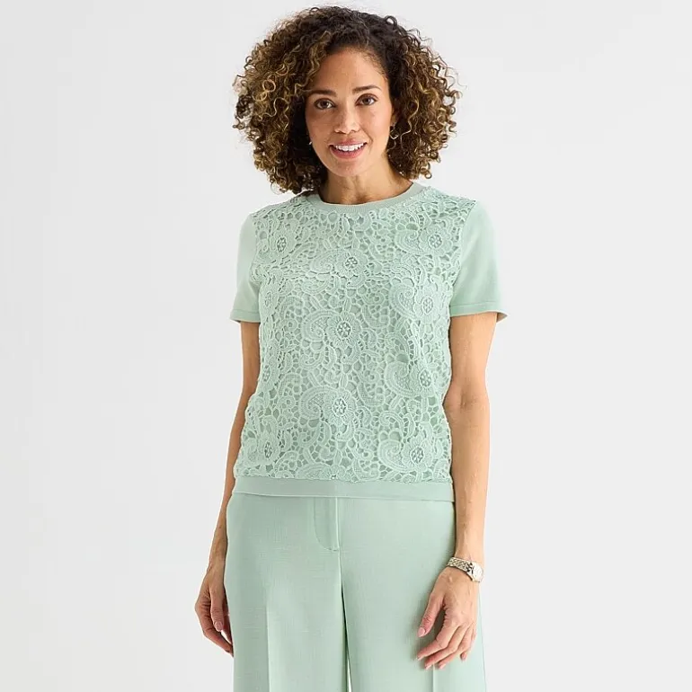 Liz Claiborne Lace Womens Crew Neck Short Sleeve Pullover Sweater